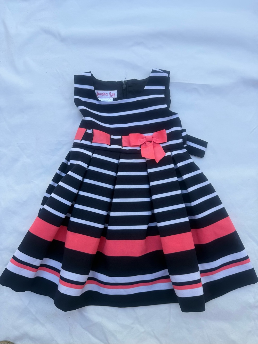 Jessica Black, White & Coral Striped Dress with Waist Bow